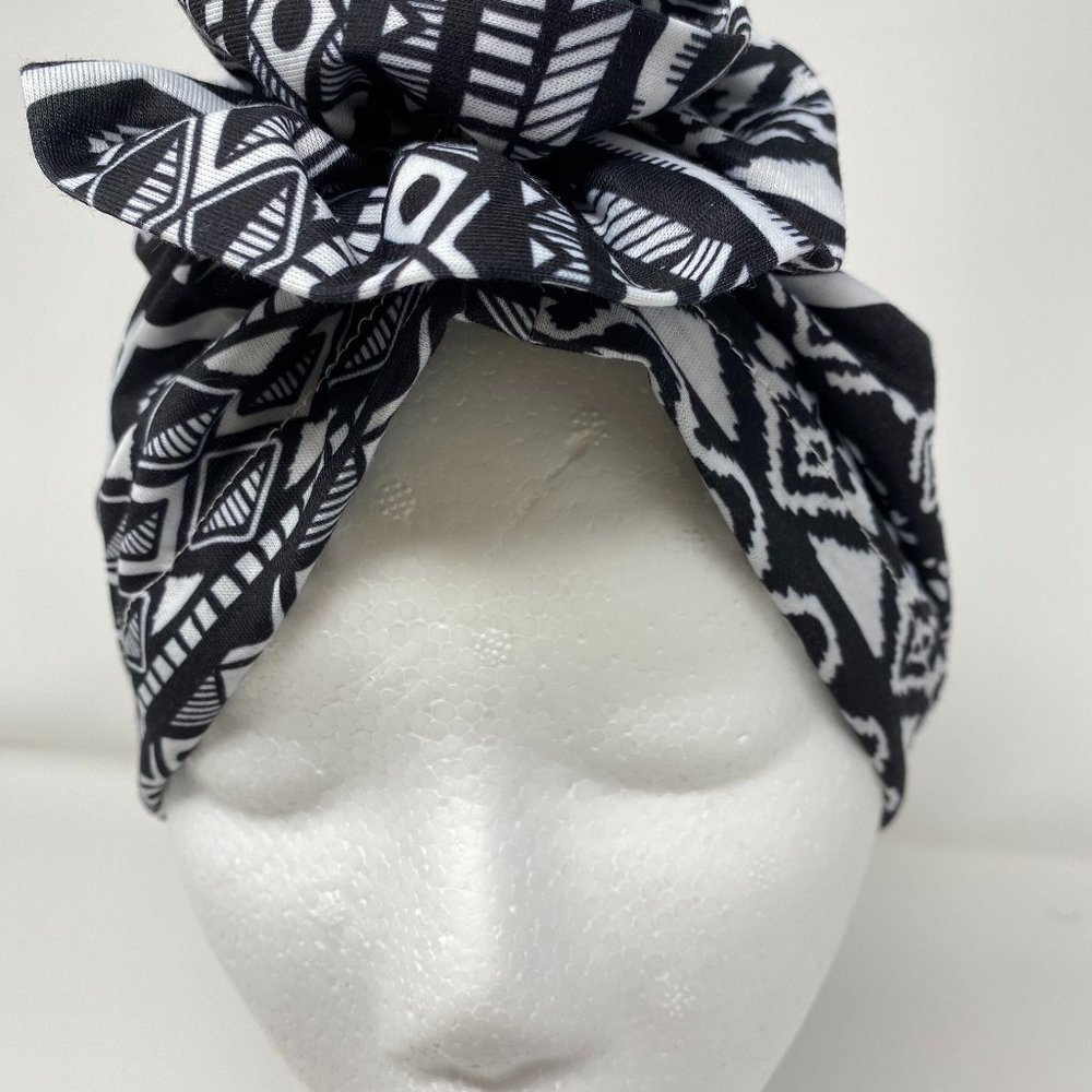 Turban Head wrap, Chemo Cap Beanie Black white